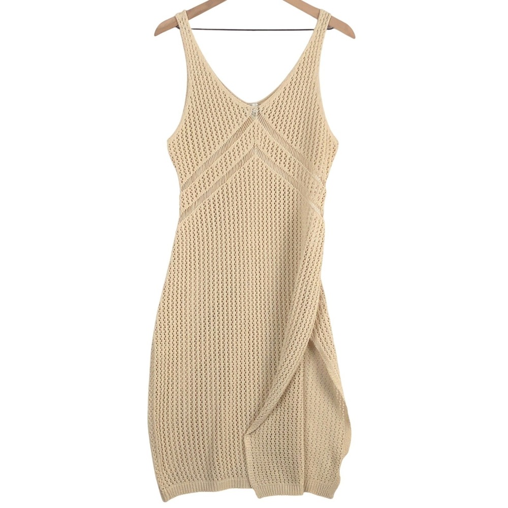 AMIANI Crochet Knit V-Neck Cover-Up Dress with Side Slit Sz L Beige Beach Pool